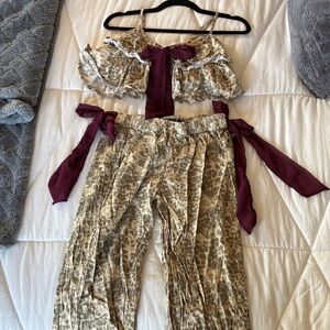 Urban Outfitters Animal-Print Lounge Set with Burgundy Ties